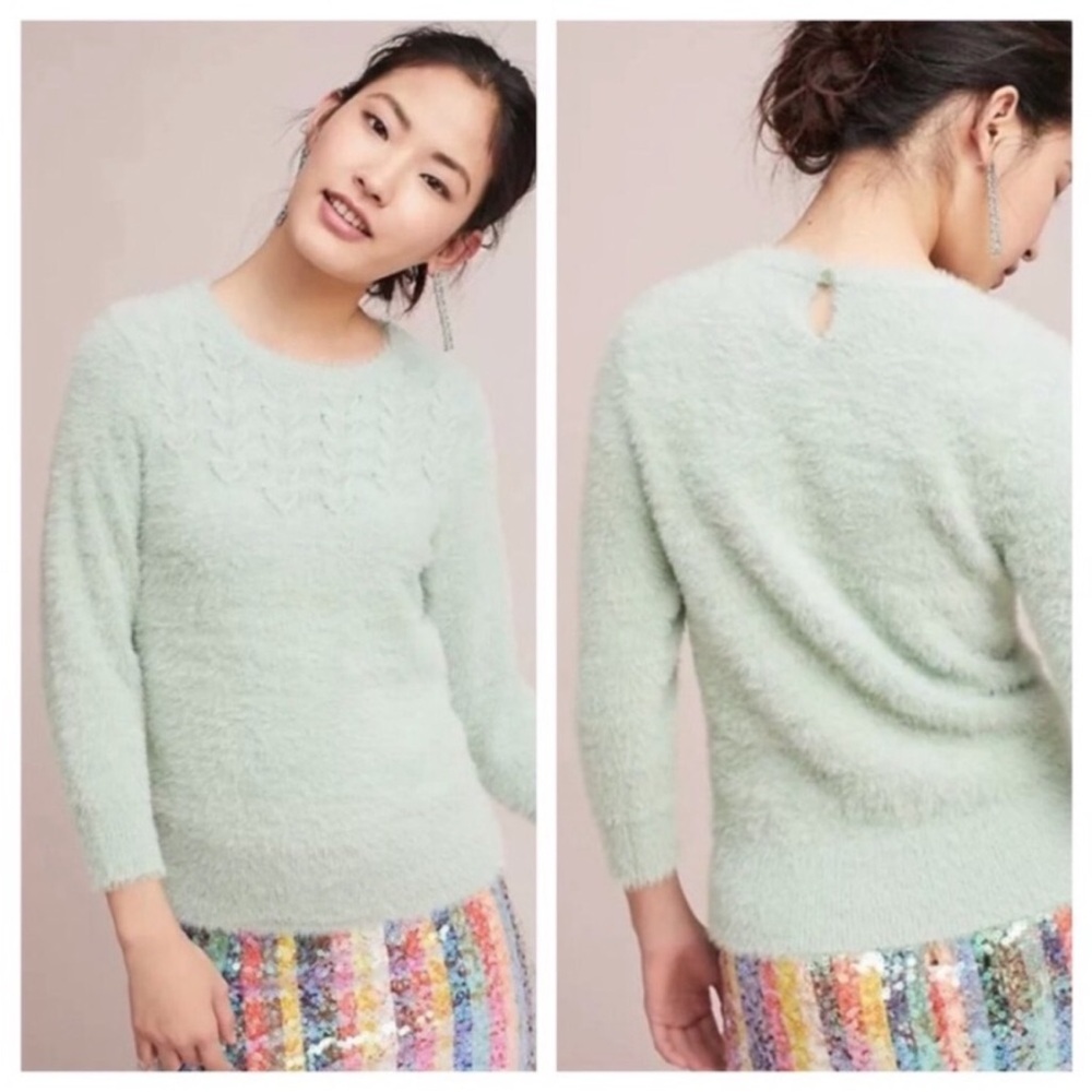 Anthropologie Rosie Neira Aubade Mint Green Fuzzy Sweater SP Small Petite